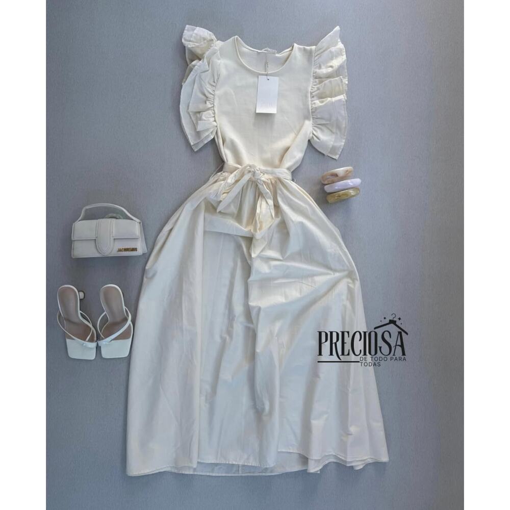 ZARA Ruffled Midi Dress NWT | Ecru Cotton Fit & Flare Belted Size M/L - Picture 16 of 16